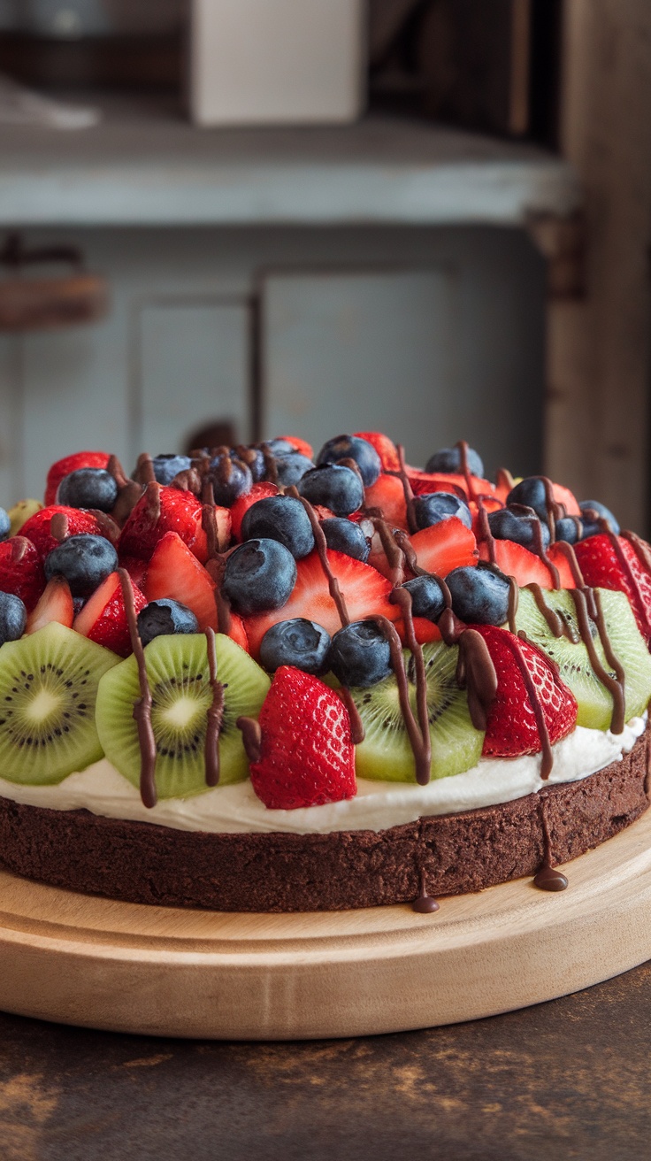 A colorful brownie fruit pizza with strawberries, blueberries, and kiwi on a wooden board.